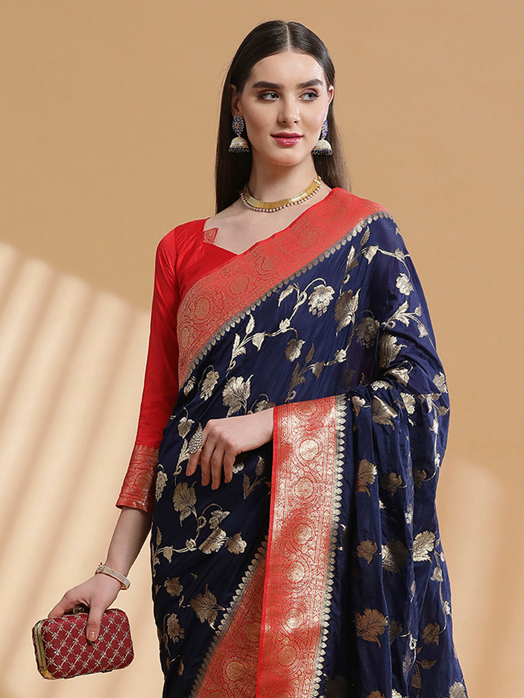 Silk Blend Navy Blue Woven Design Designer Saree With Blouse