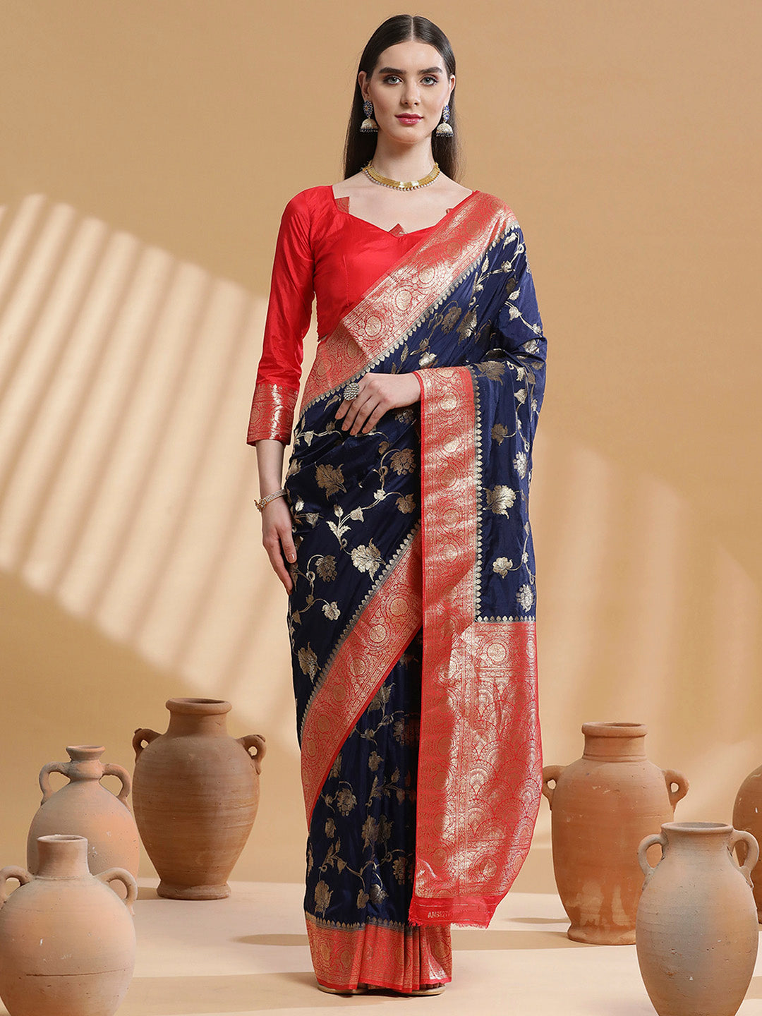 Silk Blend Navy Blue Woven Design Designer Saree With Blouse