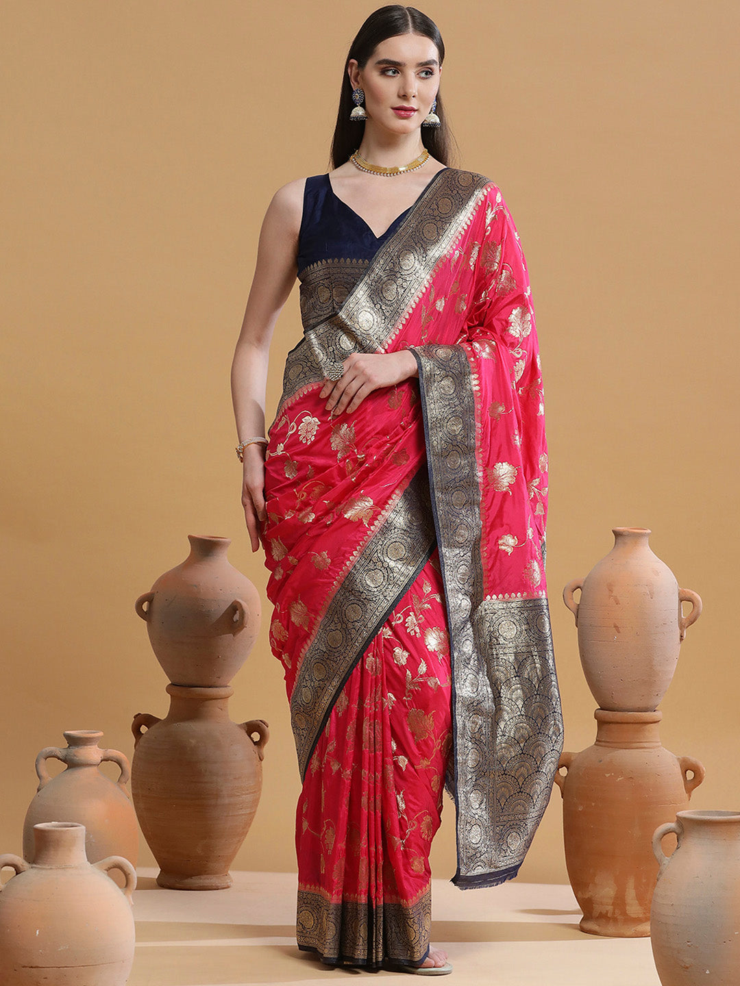 Silk Blend Pink Woven Design Designer Saree With Blouse