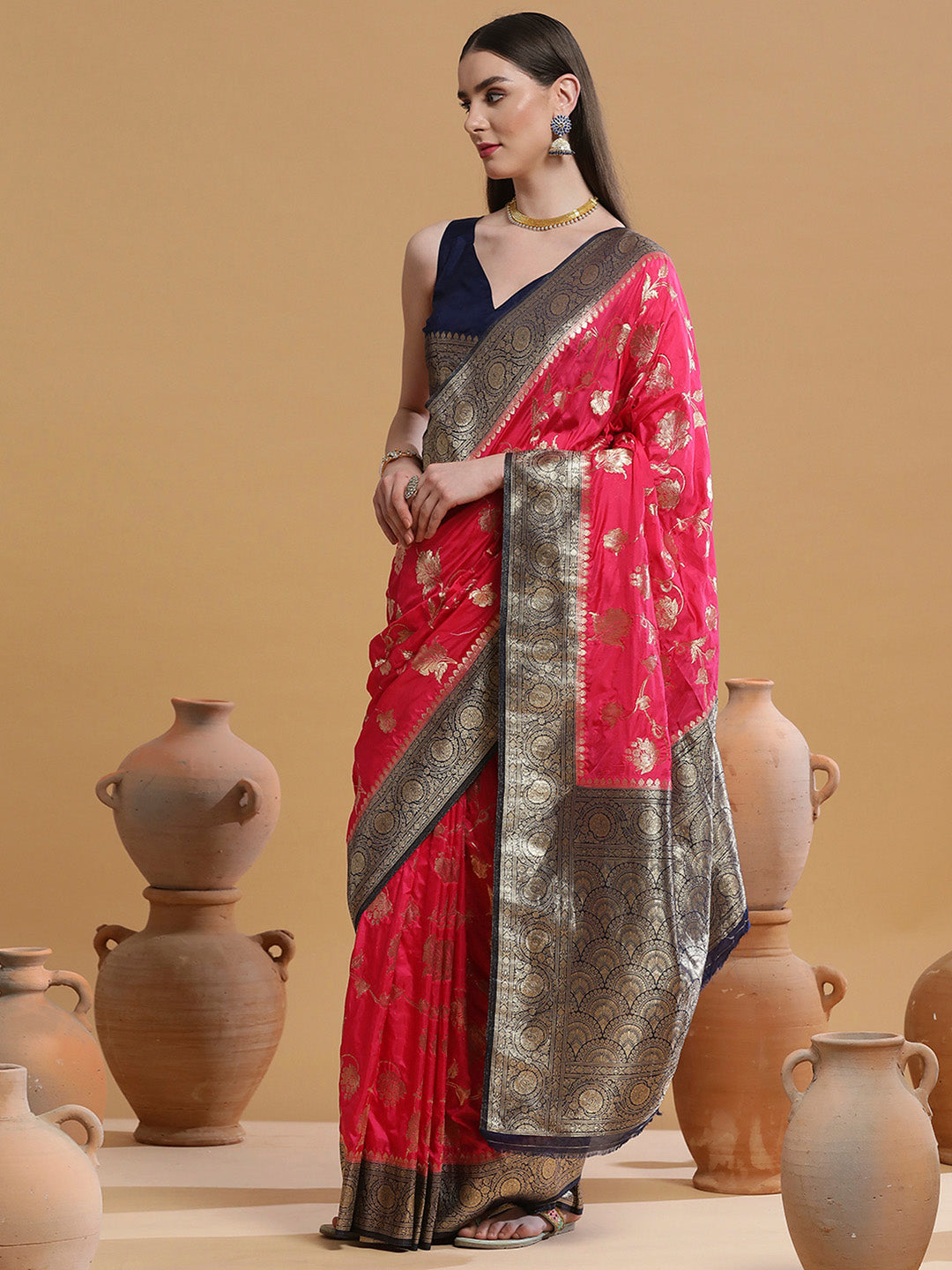 Silk Blend Pink Woven Design Designer Saree With Blouse