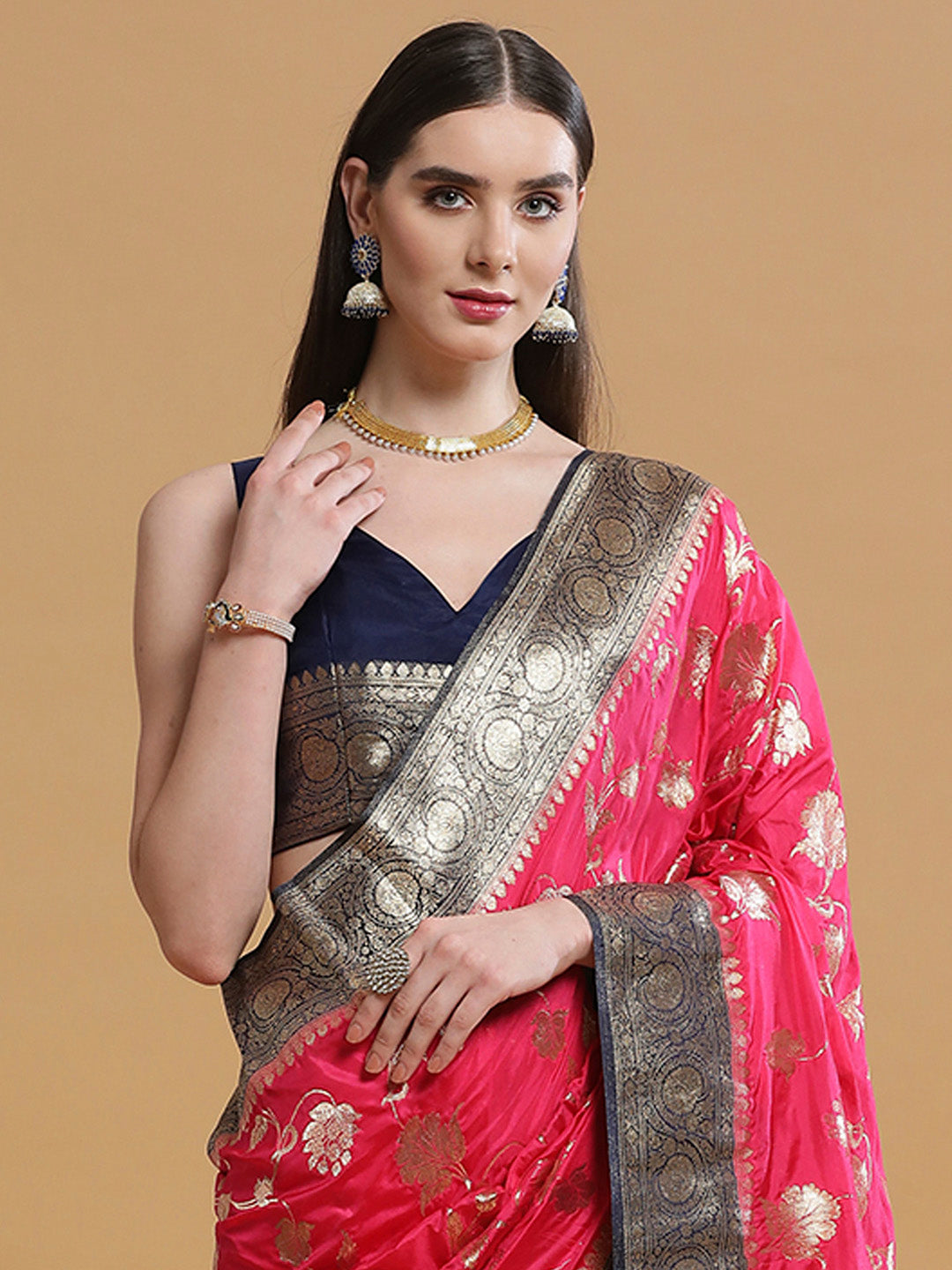 Silk Blend Pink Woven Design Designer Saree With Blouse