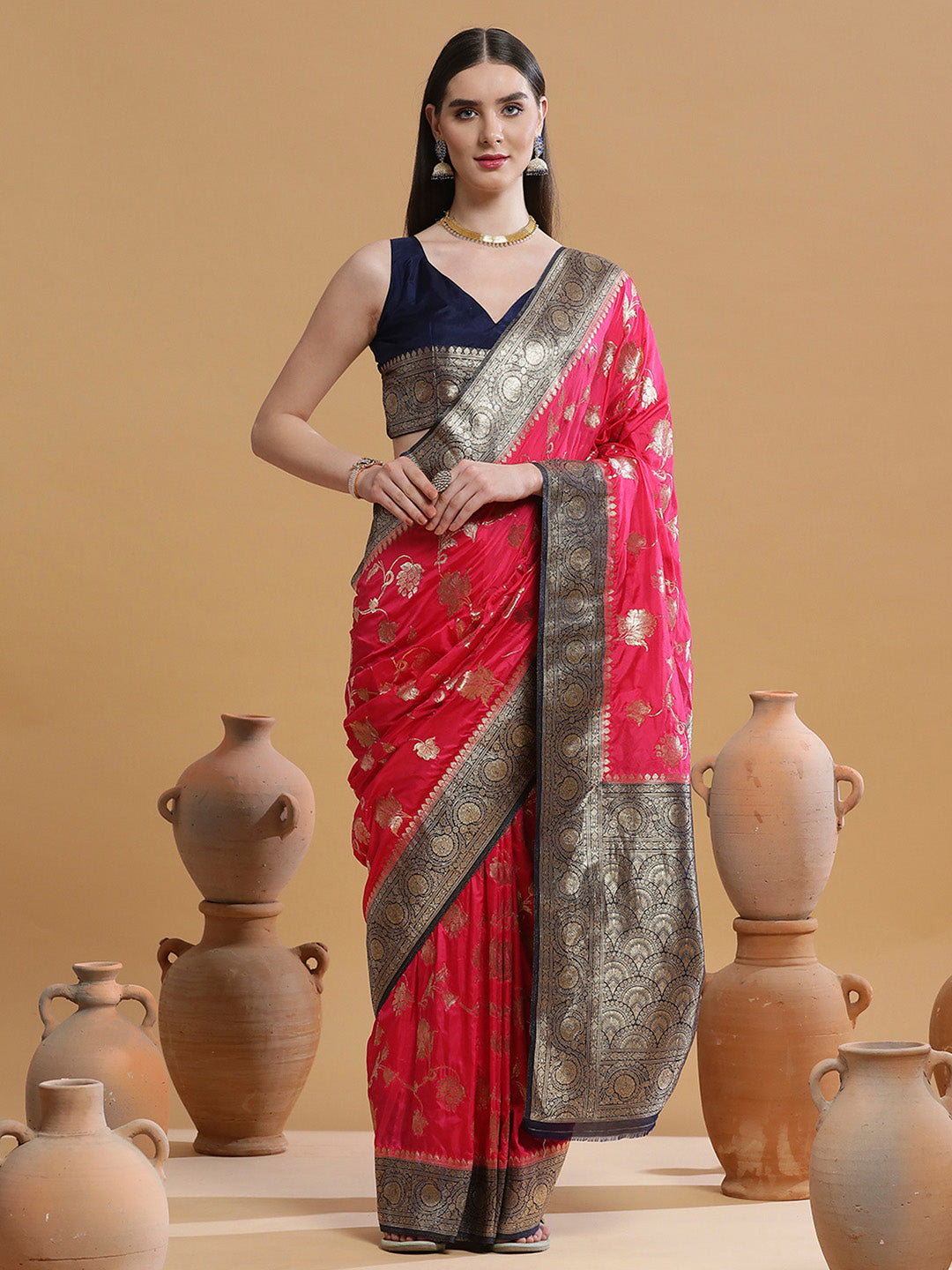 Silk Blend Pink Woven Design Designer Saree With Blouse