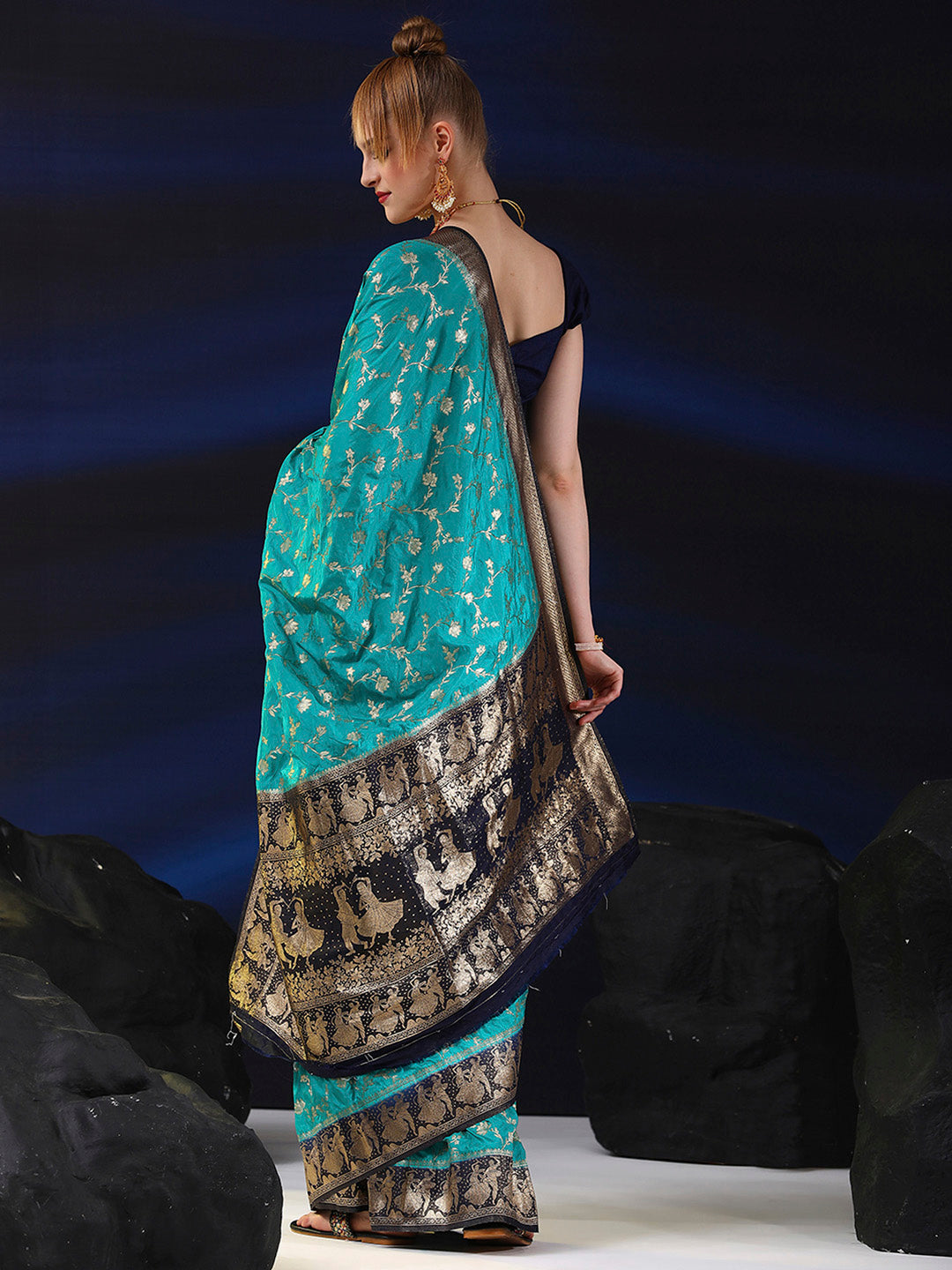 Silk Blend Blue Woven Design Designer Saree With Blouse