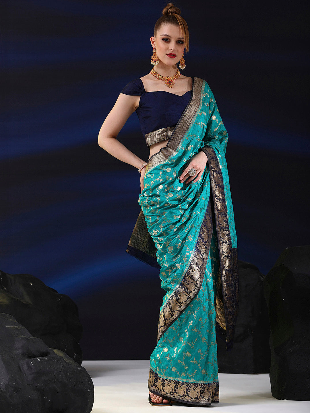 Silk Blend Blue Woven Design Designer Saree With Blouse