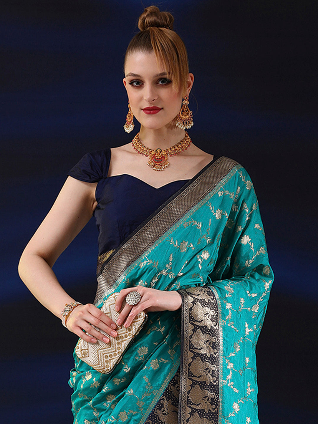 Silk Blend Blue Woven Design Designer Saree With Blouse