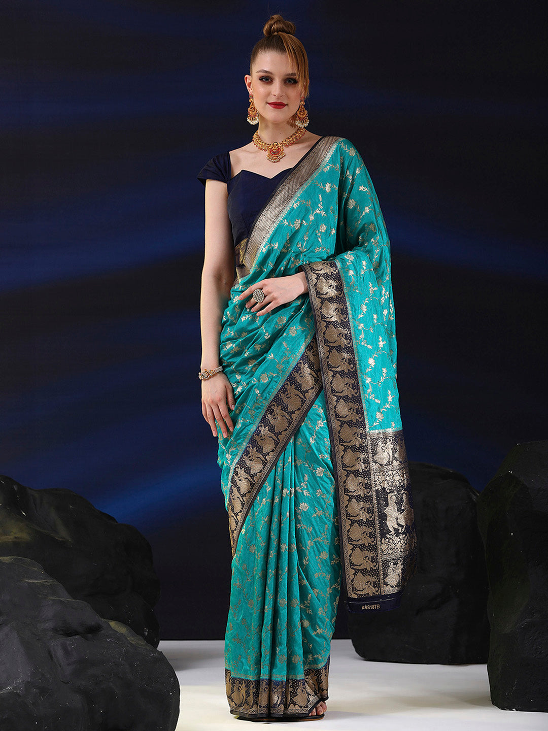 Silk Blend Blue Woven Design Designer Saree With Blouse