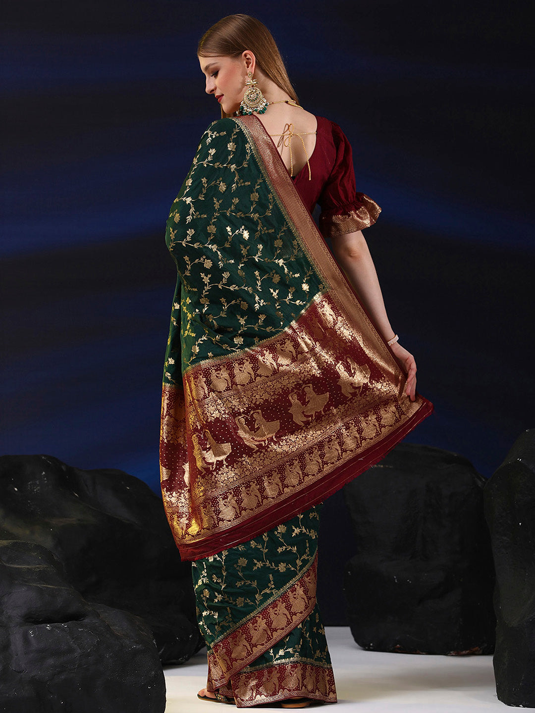 Silk Blend Dark Green Woven Design Designer Saree With Blouse