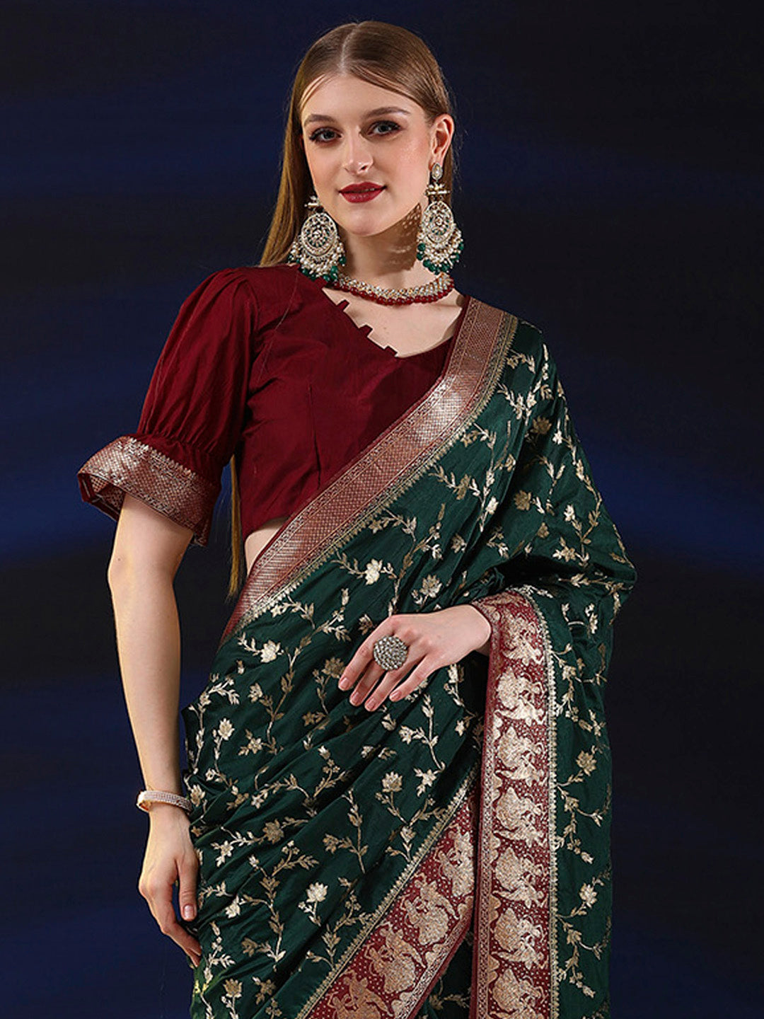 Silk Blend Dark Green Woven Design Designer Saree With Blouse