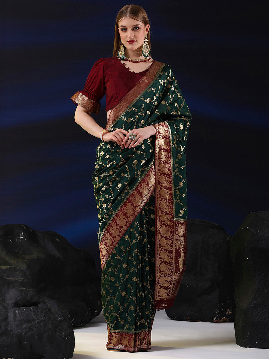 Silk Blend Dark Green Woven Design Designer Saree With Blouse