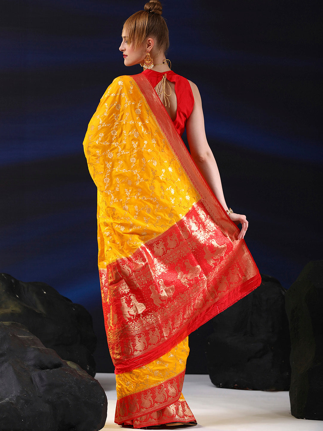 Silk Blend Yellow Woven Design Designer Saree With Blouse