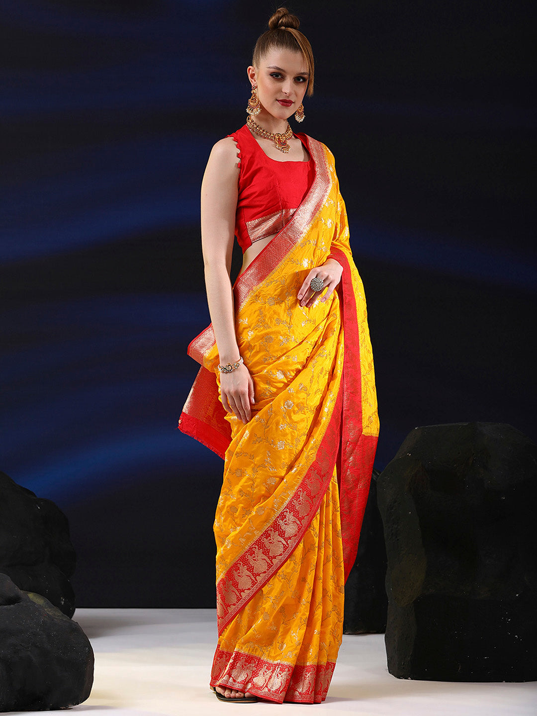 Silk Blend Yellow Woven Design Designer Saree With Blouse