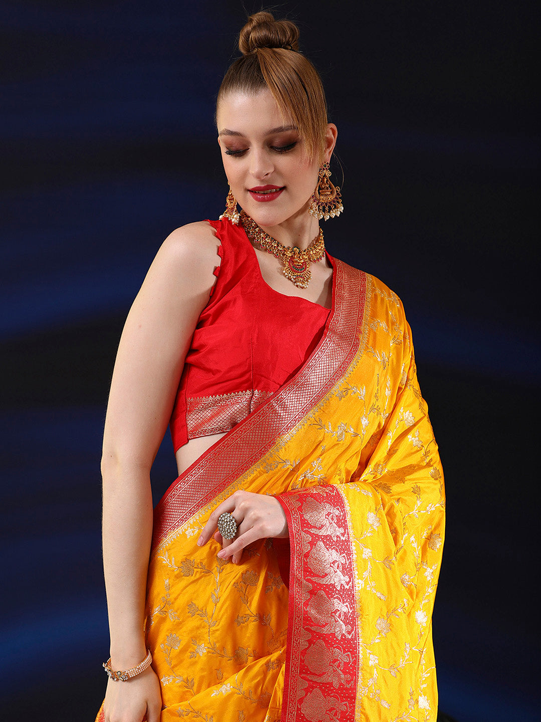 Silk Blend Yellow Woven Design Designer Saree With Blouse