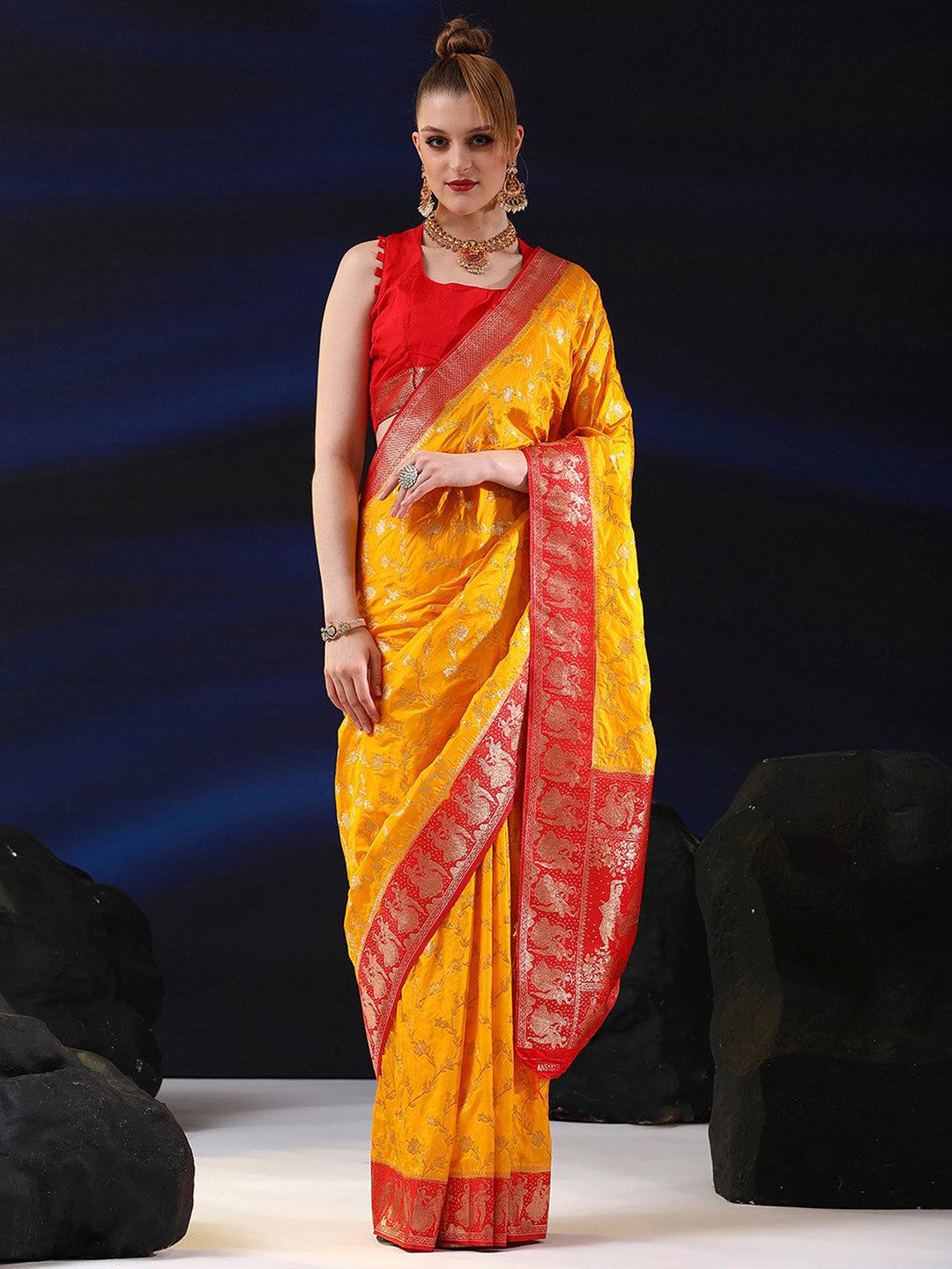 Silk Blend Yellow Woven Design Designer Saree With Blouse