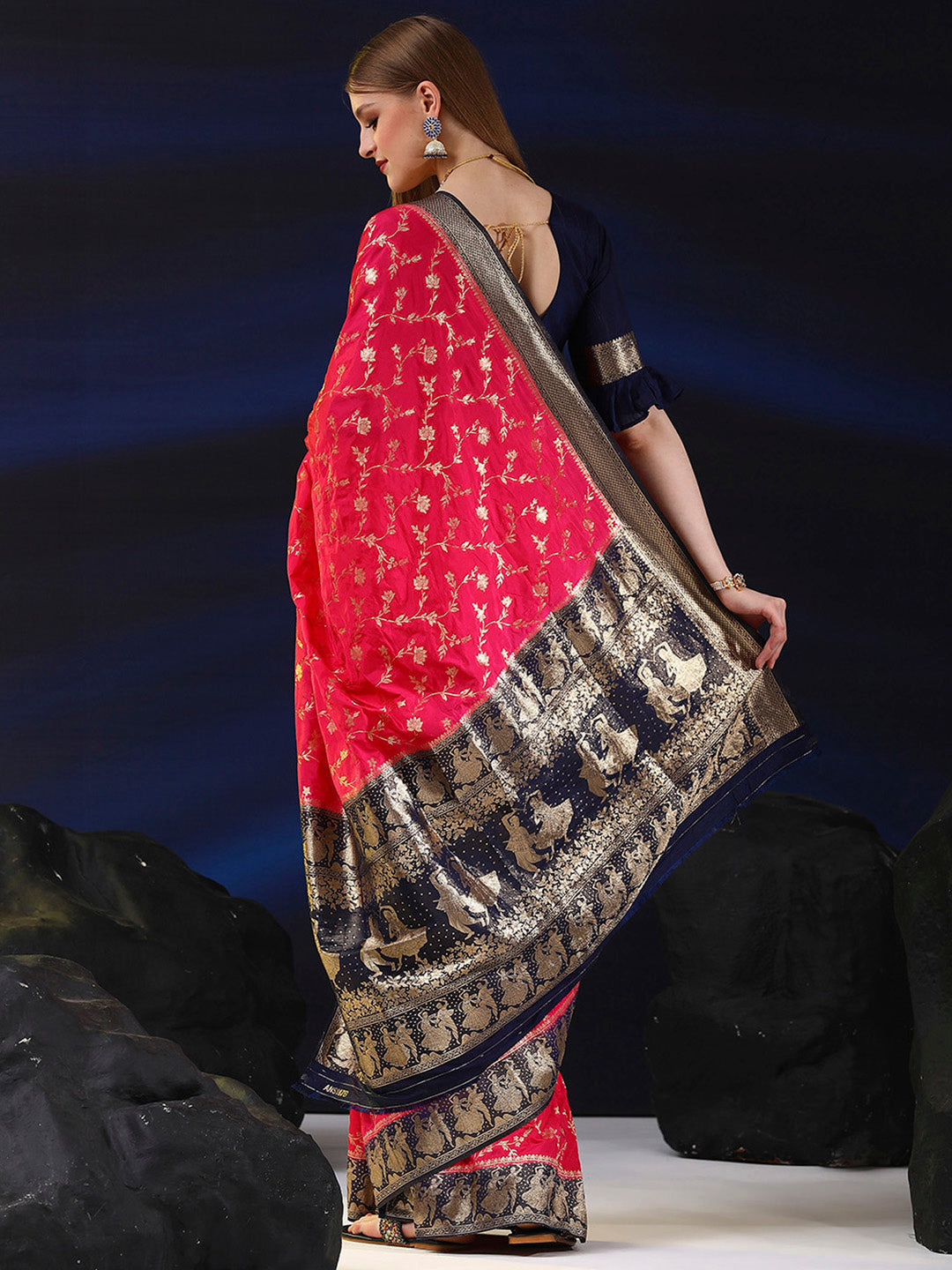 Silk Blend Pink Woven Design Designer Saree With Blouse