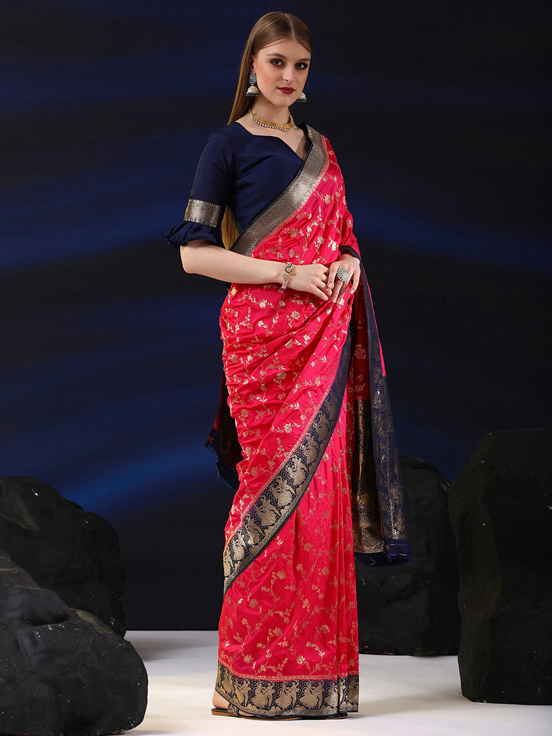 Silk Blend Pink Woven Design Designer Saree With Blouse