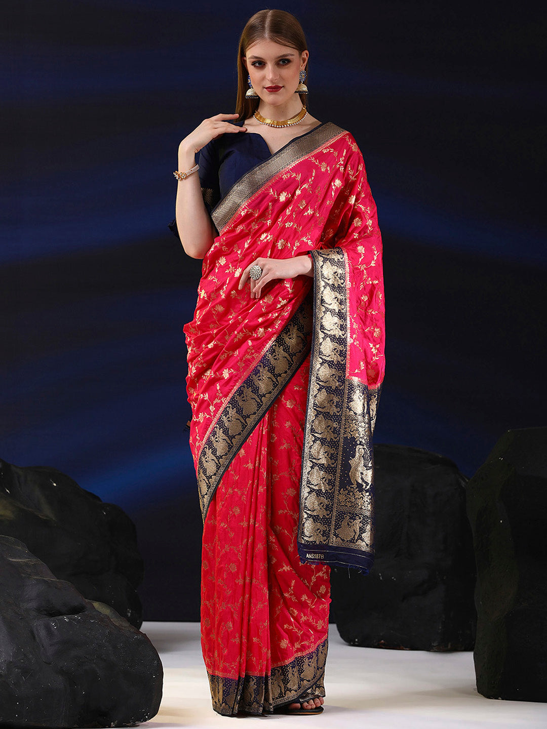 Silk Blend Pink Woven Design Designer Saree With Blouse