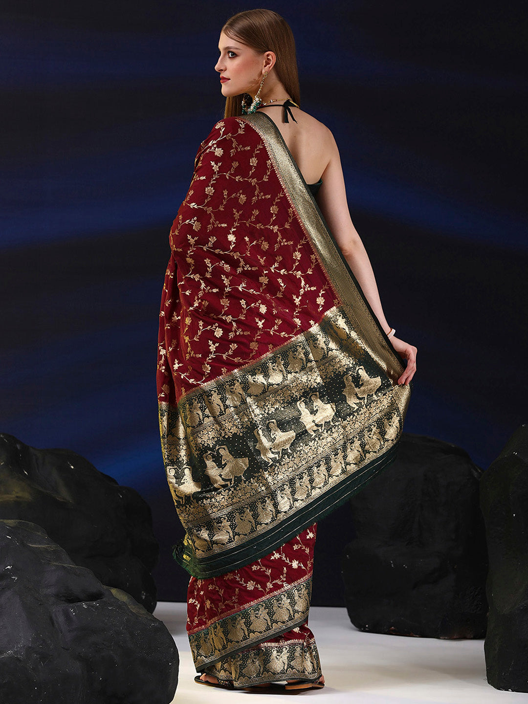 Silk Blend Maroon Woven Design Designer Saree With Blouse