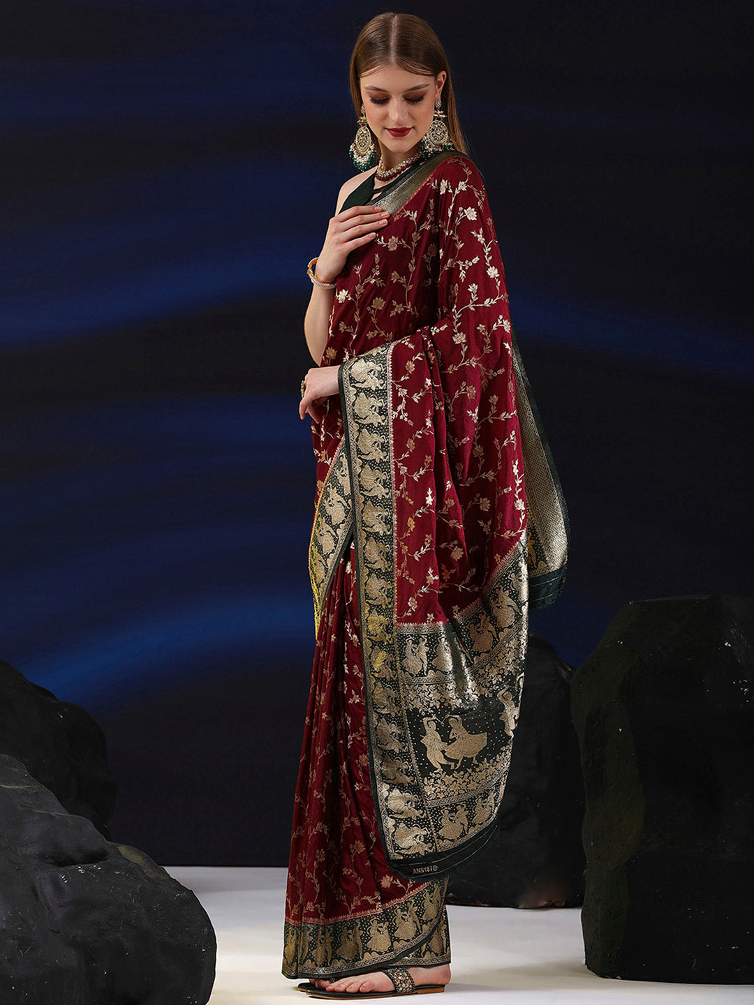 Silk Blend Maroon Woven Design Designer Saree With Blouse