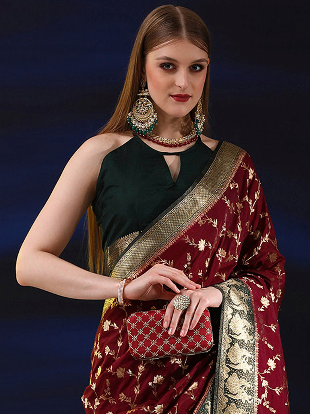 Silk Blend Maroon Woven Design Designer Saree With Blouse