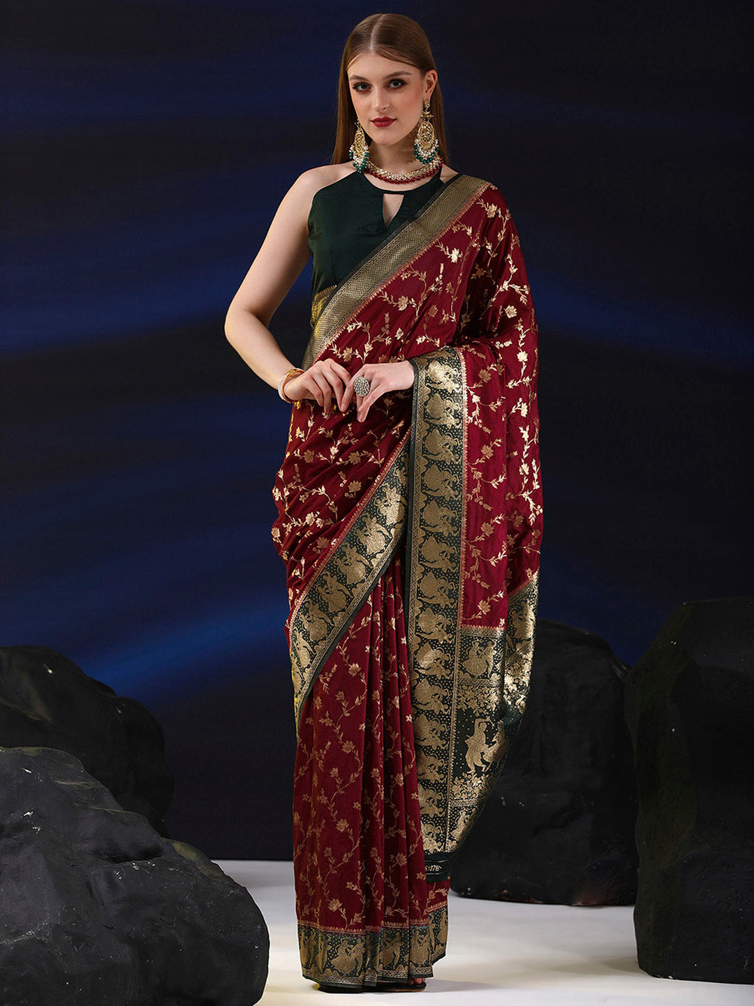 Silk Blend Maroon Woven Design Designer Saree With Blouse