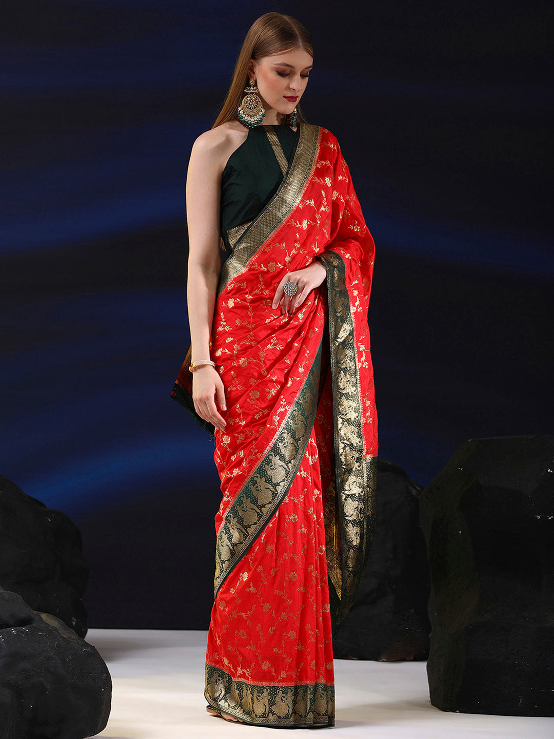 Silk Blend Red Woven Design Designer Saree With Blouse