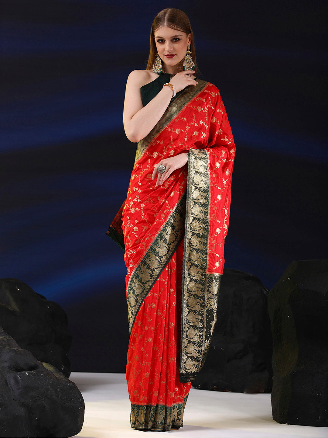 Silk Blend Red Woven Design Designer Saree With Blouse