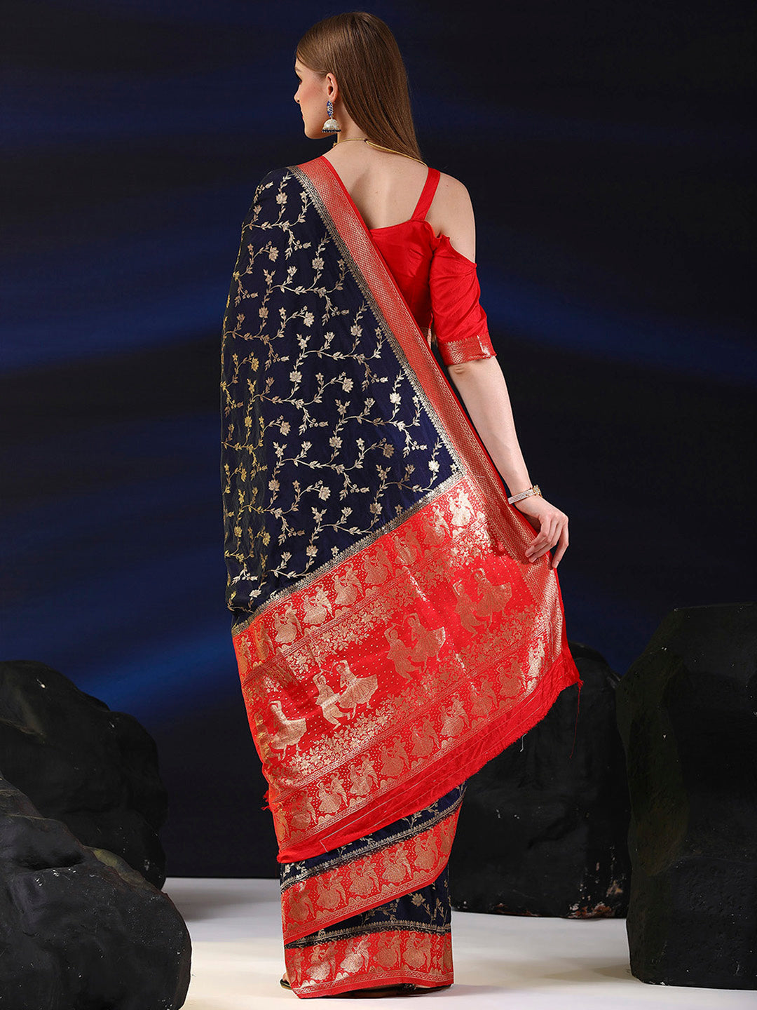 Silk Blend Navy Blue Woven Design Designer Saree With Blouse