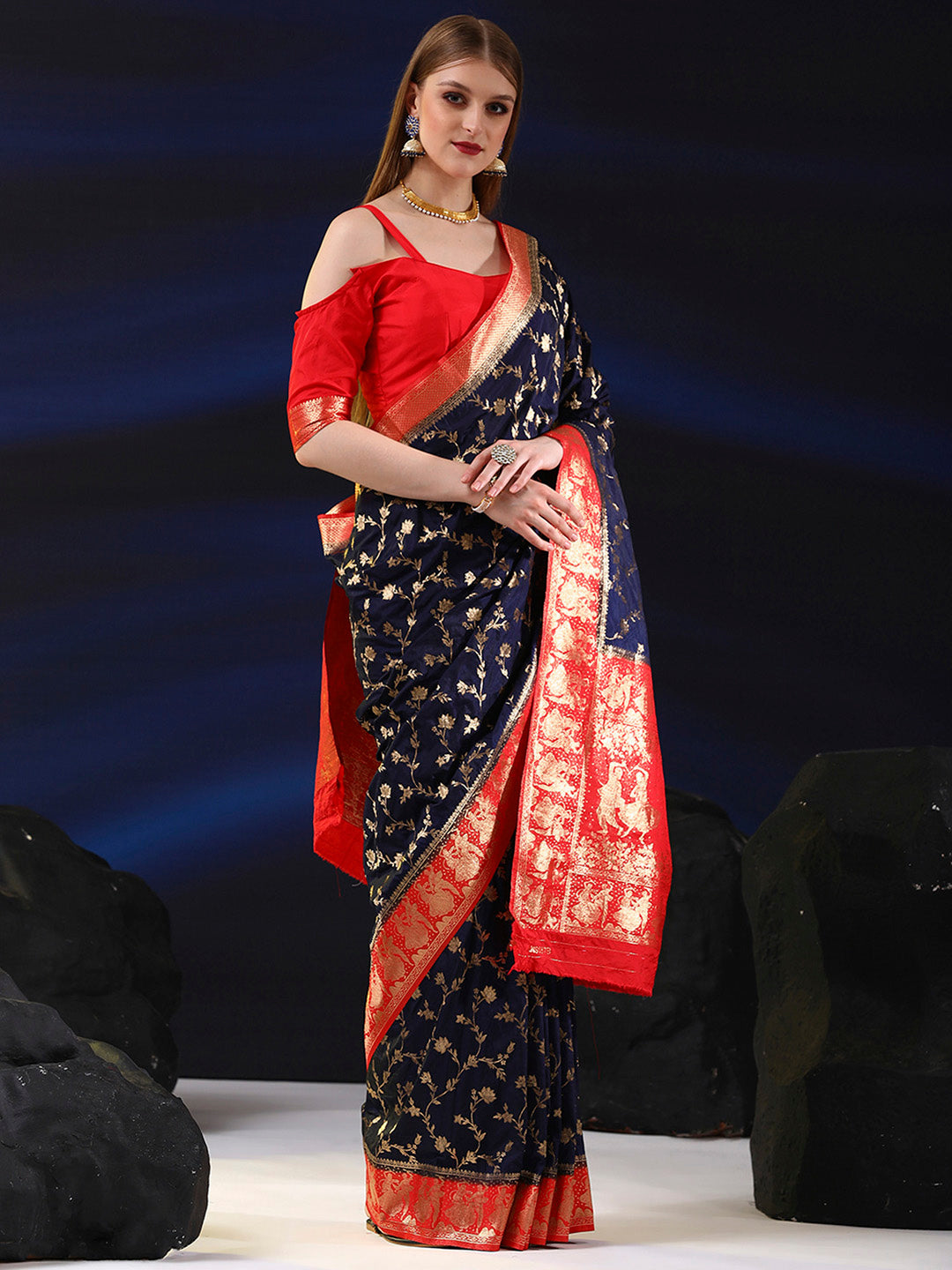 Silk Blend Navy Blue Woven Design Designer Saree With Blouse