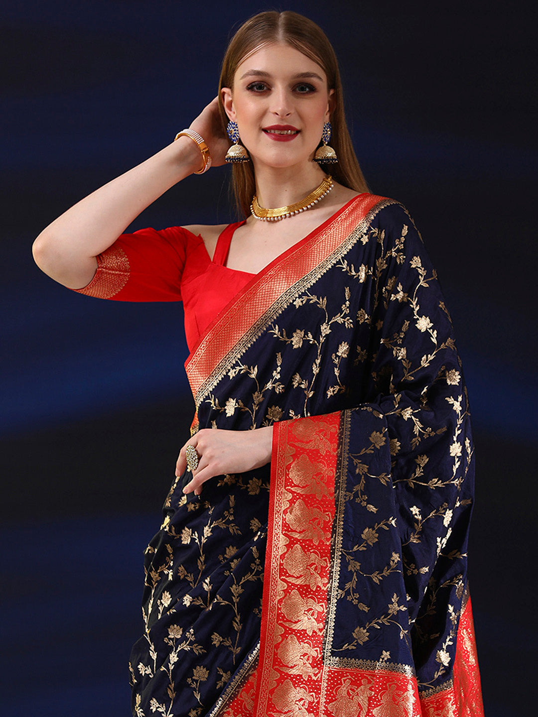 Silk Blend Navy Blue Woven Design Designer Saree With Blouse