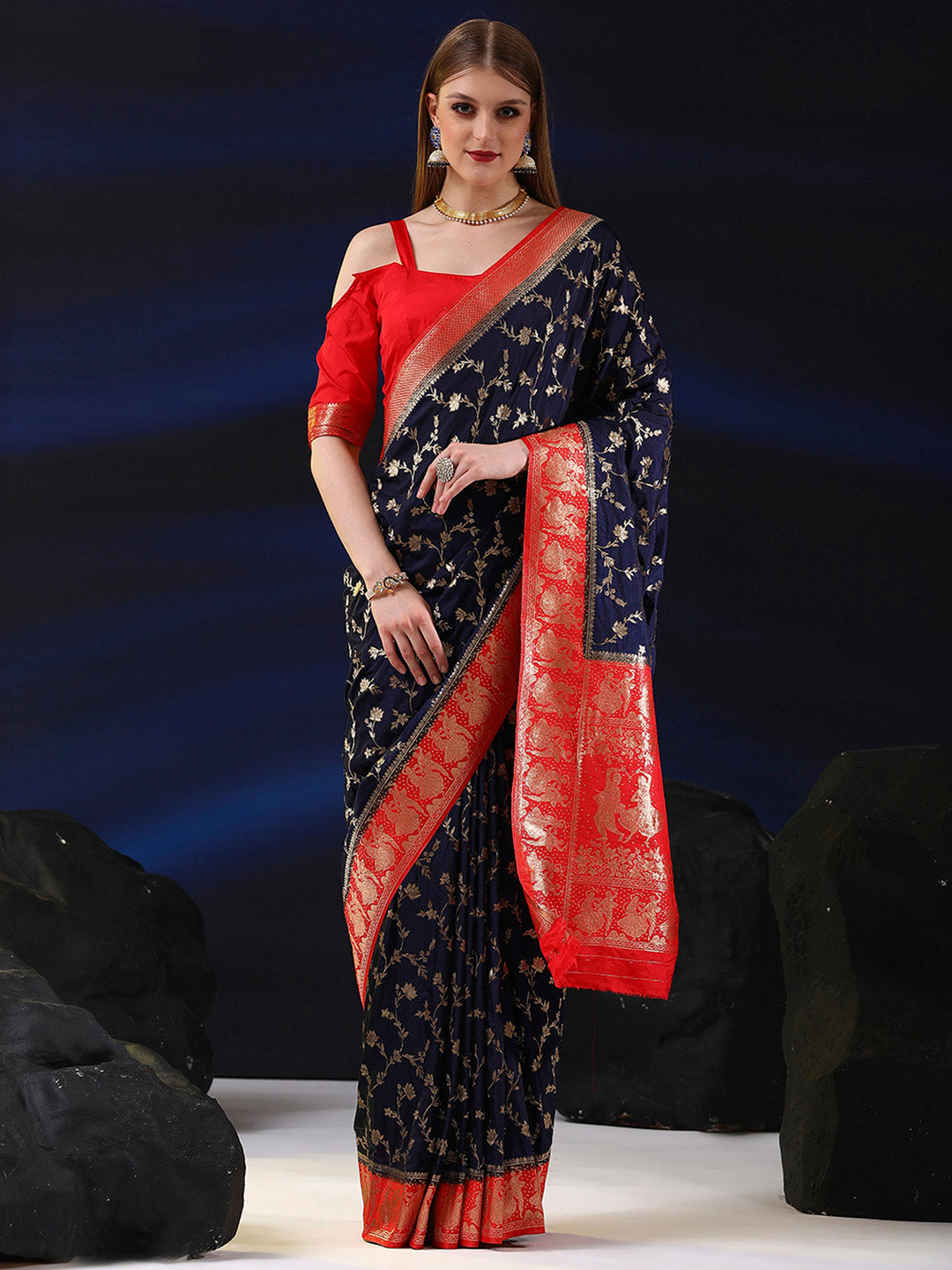 Silk Blend Navy Blue Woven Design Designer Saree With Blouse