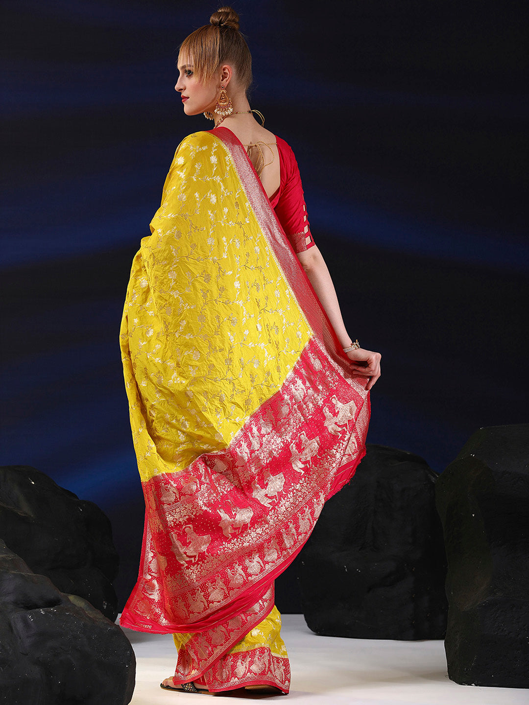 Silk Blend Yellow Woven Design Designer Saree With Blouse