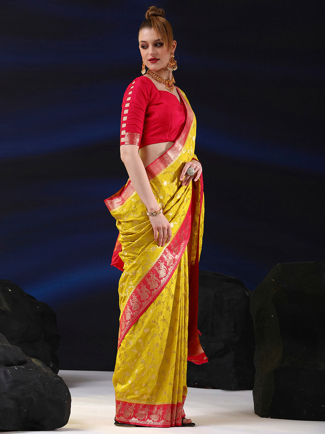 Silk Blend Yellow Woven Design Designer Saree With Blouse