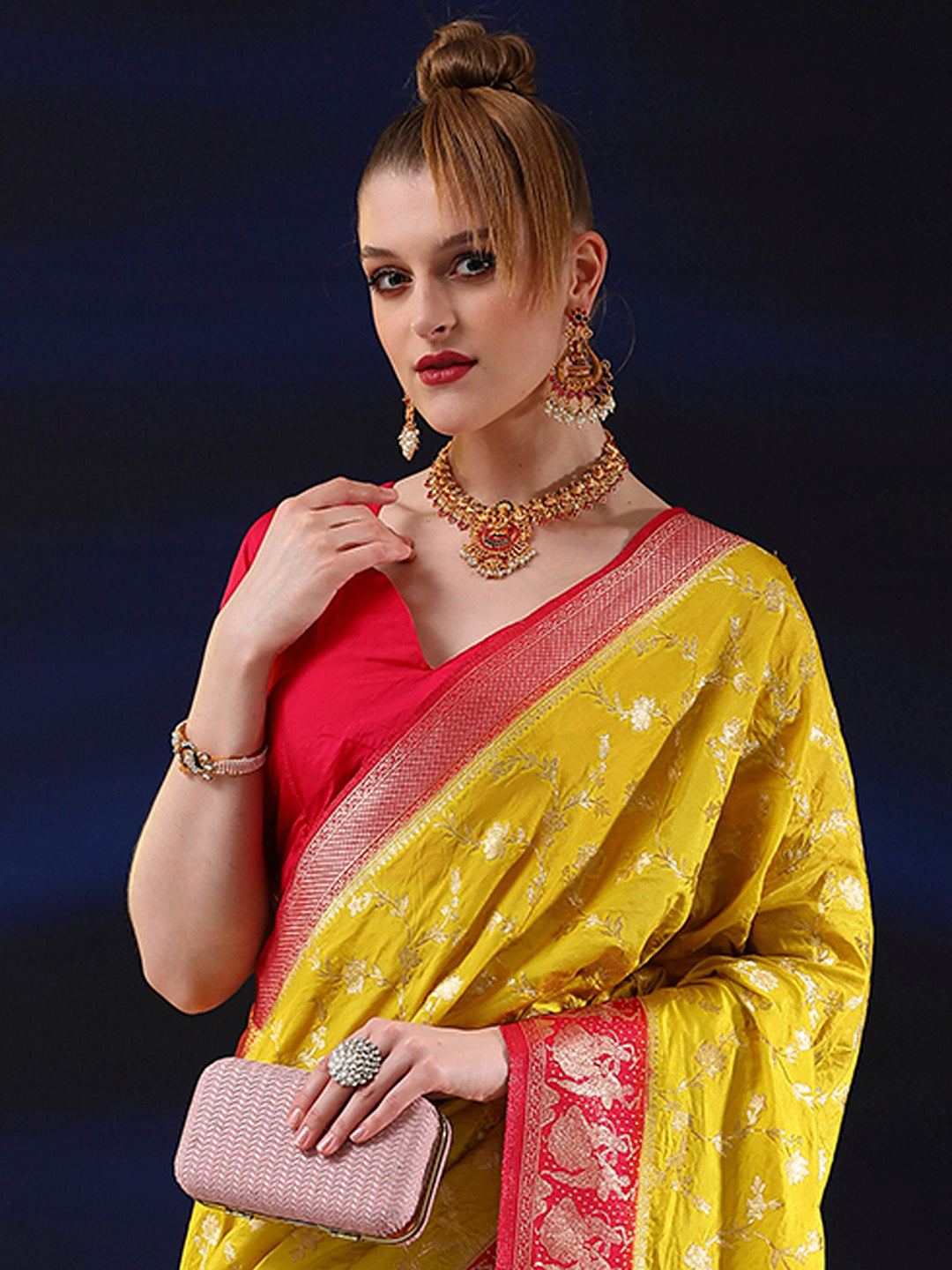 Silk Blend Yellow Woven Design Designer Saree With Blouse