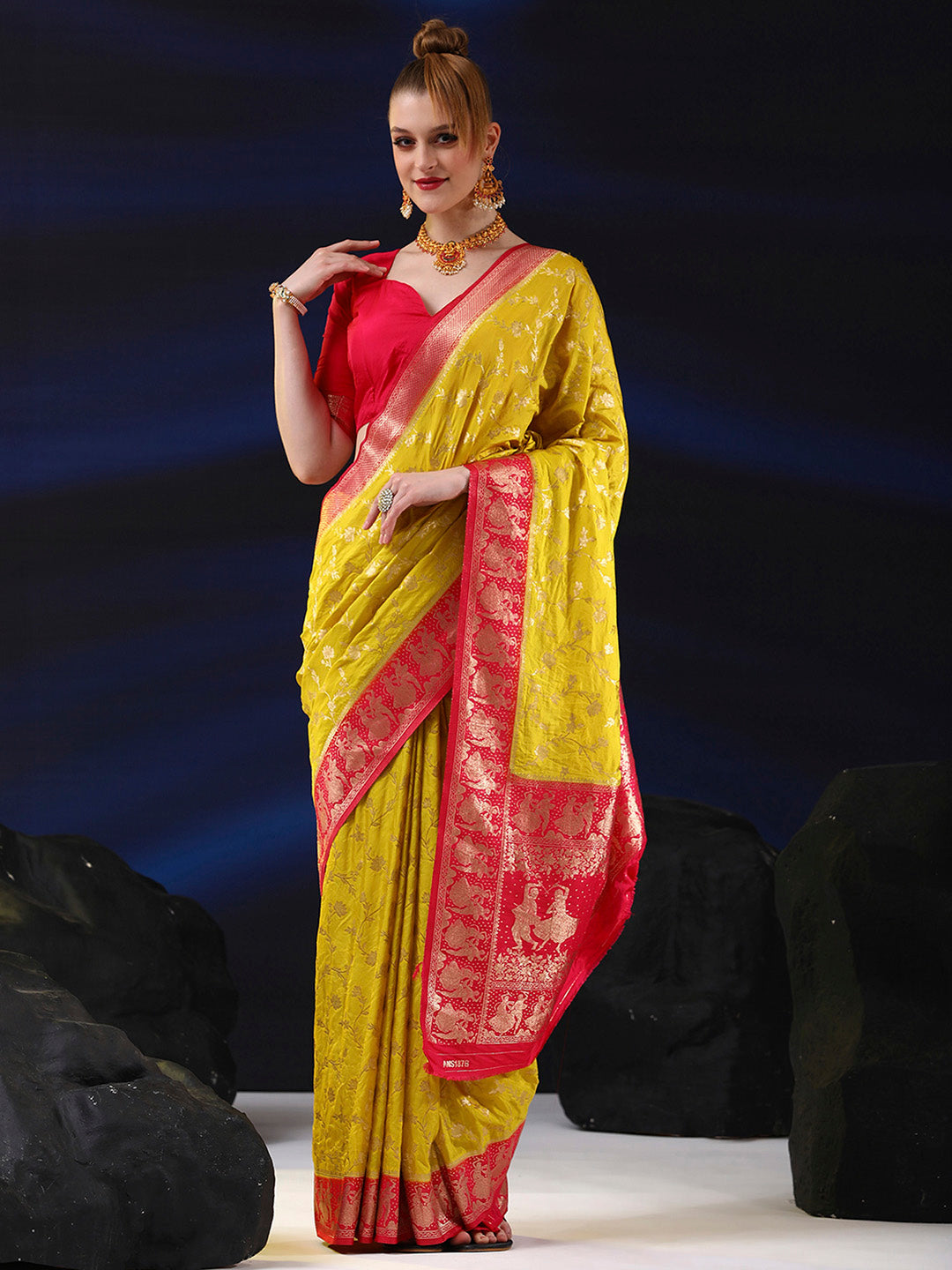 Silk Blend Yellow Woven Design Designer Saree With Blouse