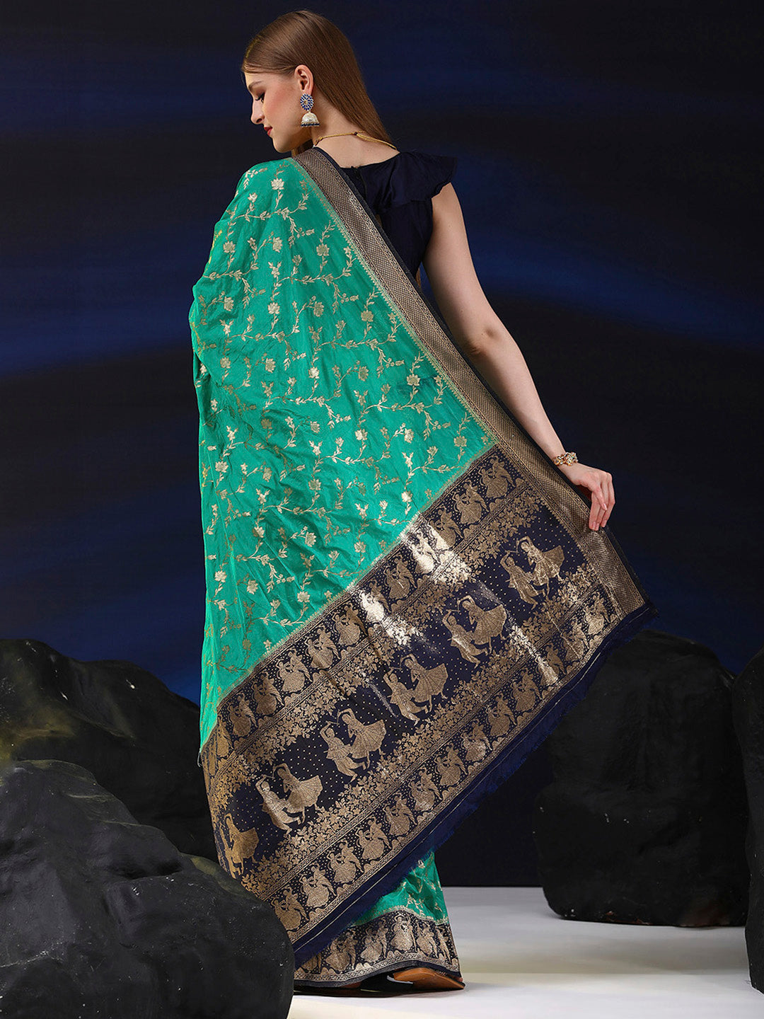 Silk Blend Teal blue Woven Design Designer Saree With Blouse