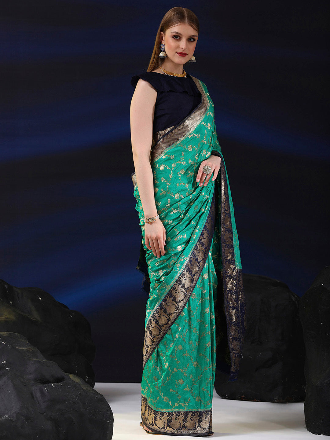 Silk Blend Teal blue Woven Design Designer Saree With Blouse