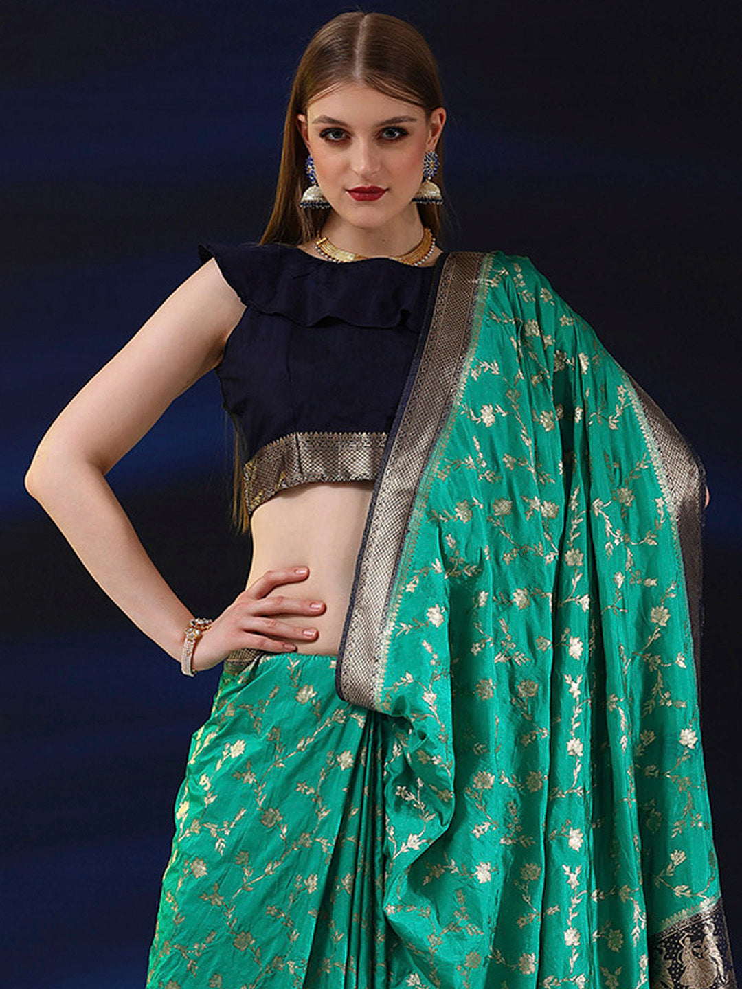 Silk Blend Teal blue Woven Design Designer Saree With Blouse