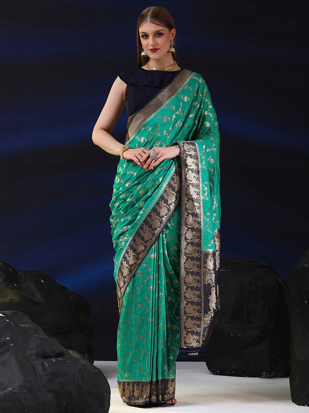 Silk Blend Teal blue Woven Design Designer Saree With Blouse