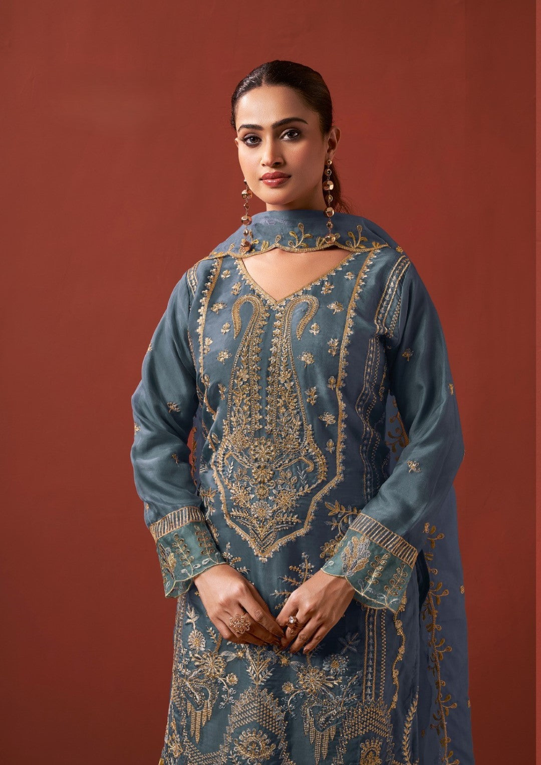 Shamsad slate Full Work lawn suit set