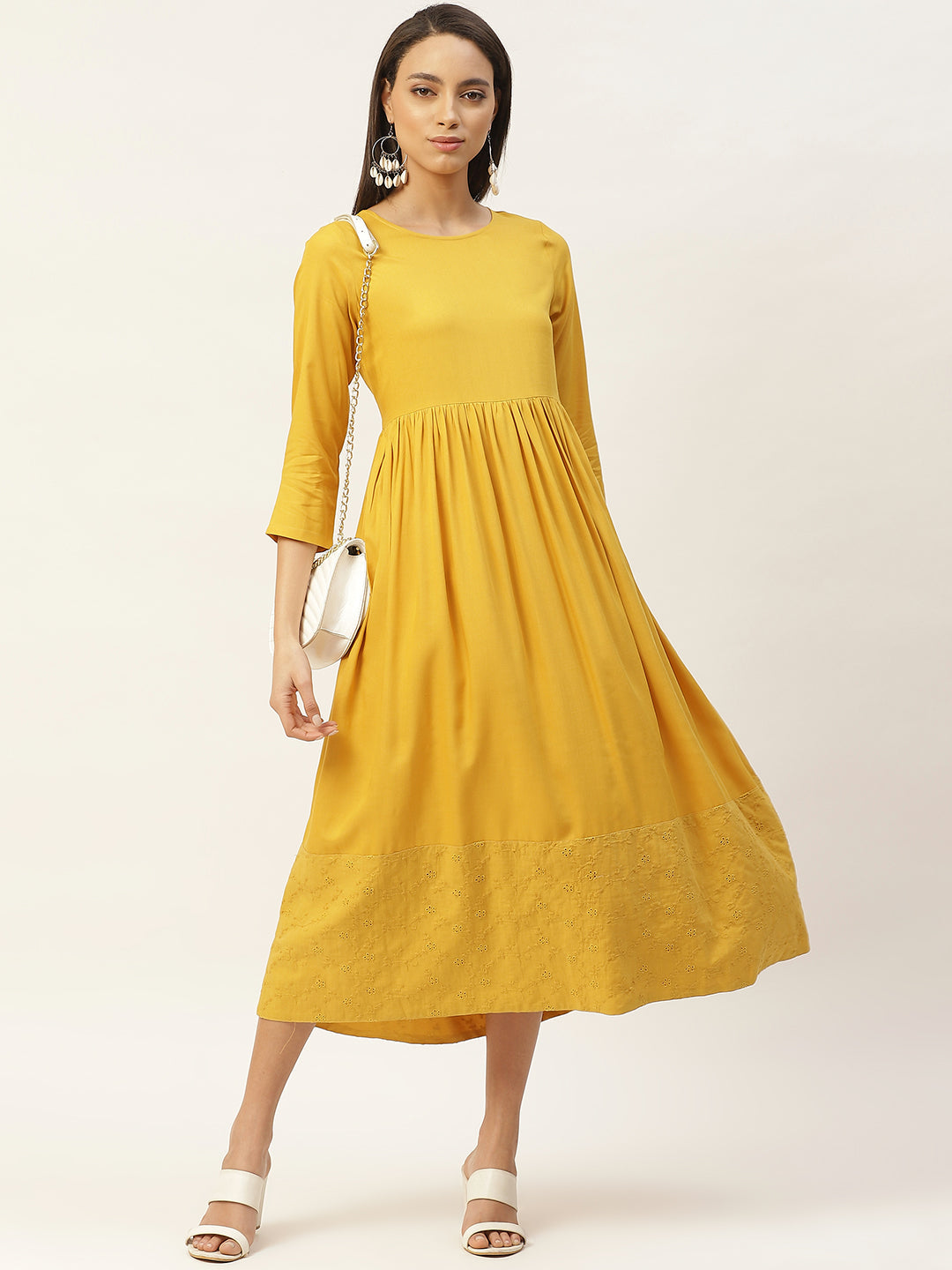 Mustard Schiffli Gathered Midi Dress