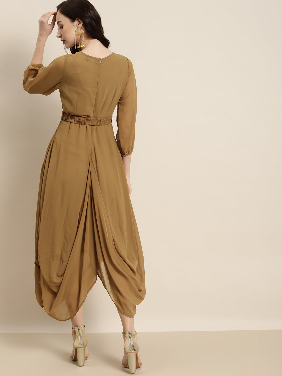 Women Mustard Embroidered Belt Dhoti Dress