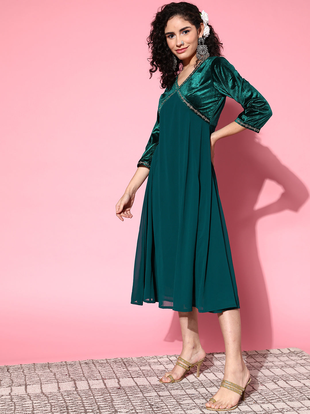 Women Emerald Green Velvet Zari Embroidered Dress