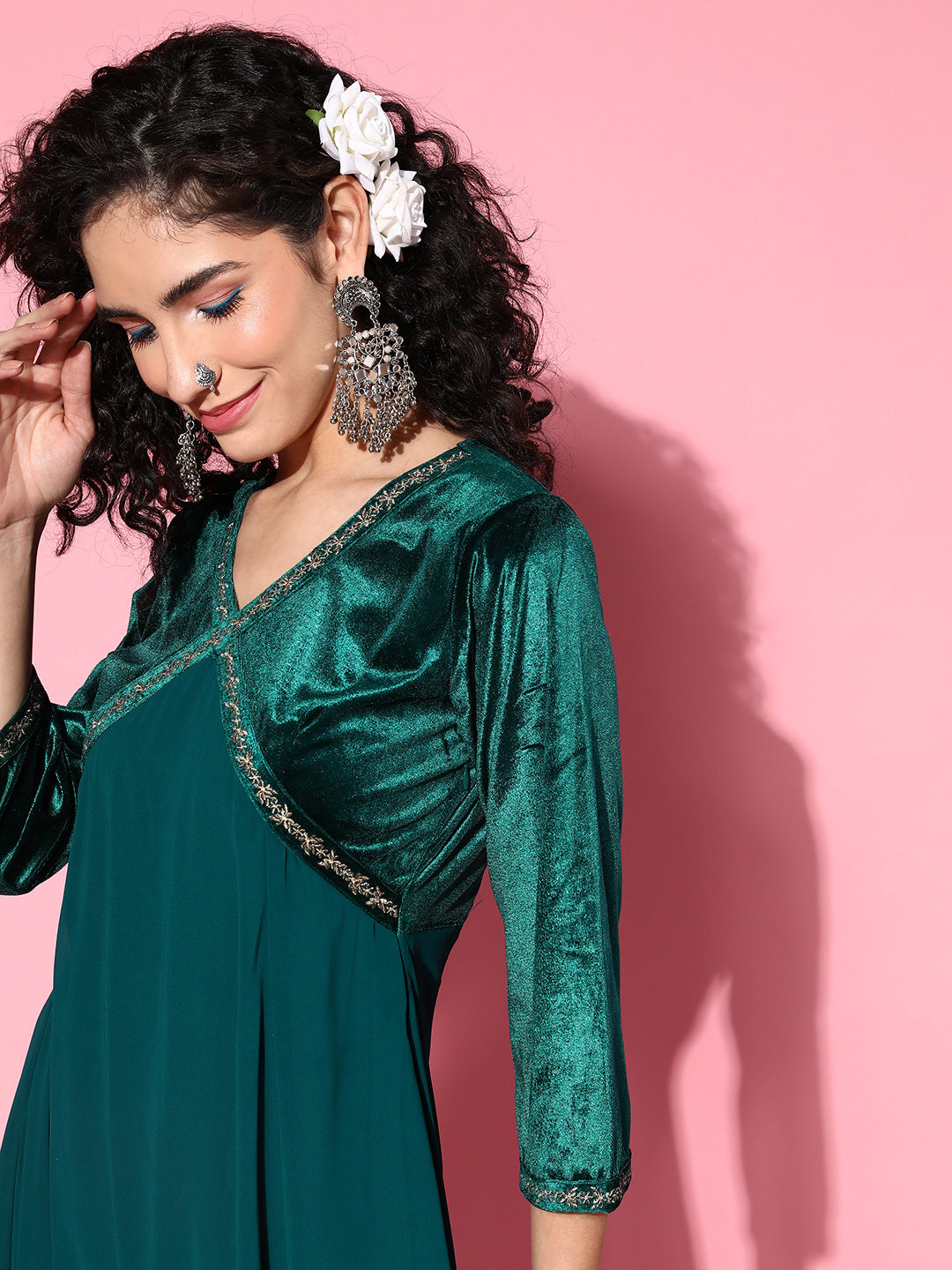 Women Emerald Green Velvet Zari Embroidered Dress