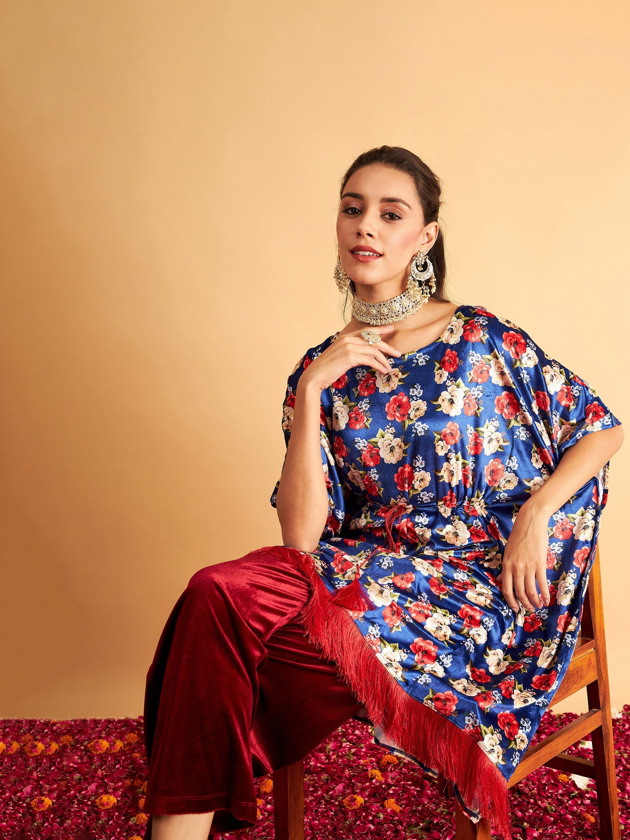 Women Royal Blue Floral Velvet High Low Kaftan Dress