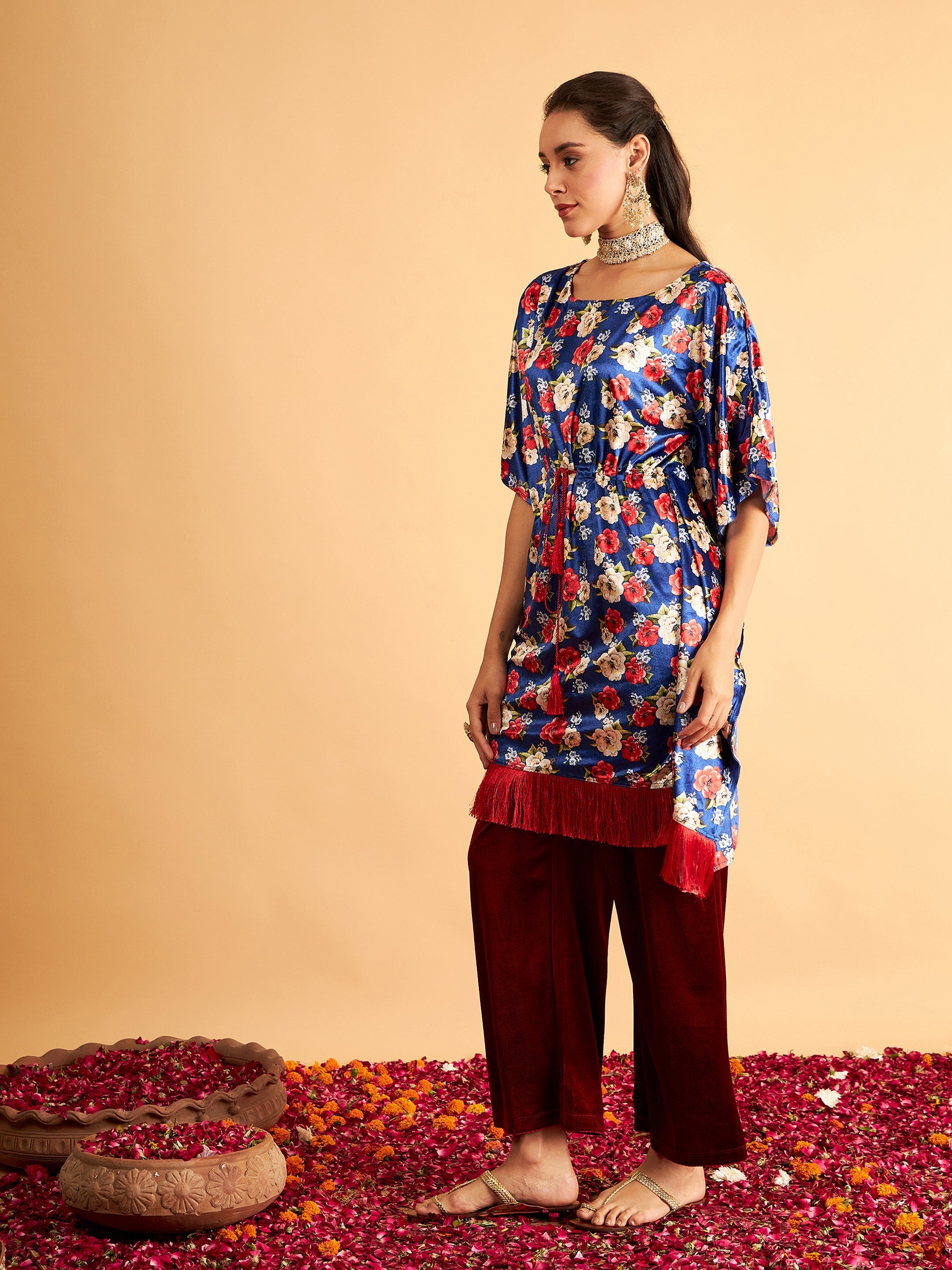 Women Royal Blue Floral Velvet High Low Kaftan Dress