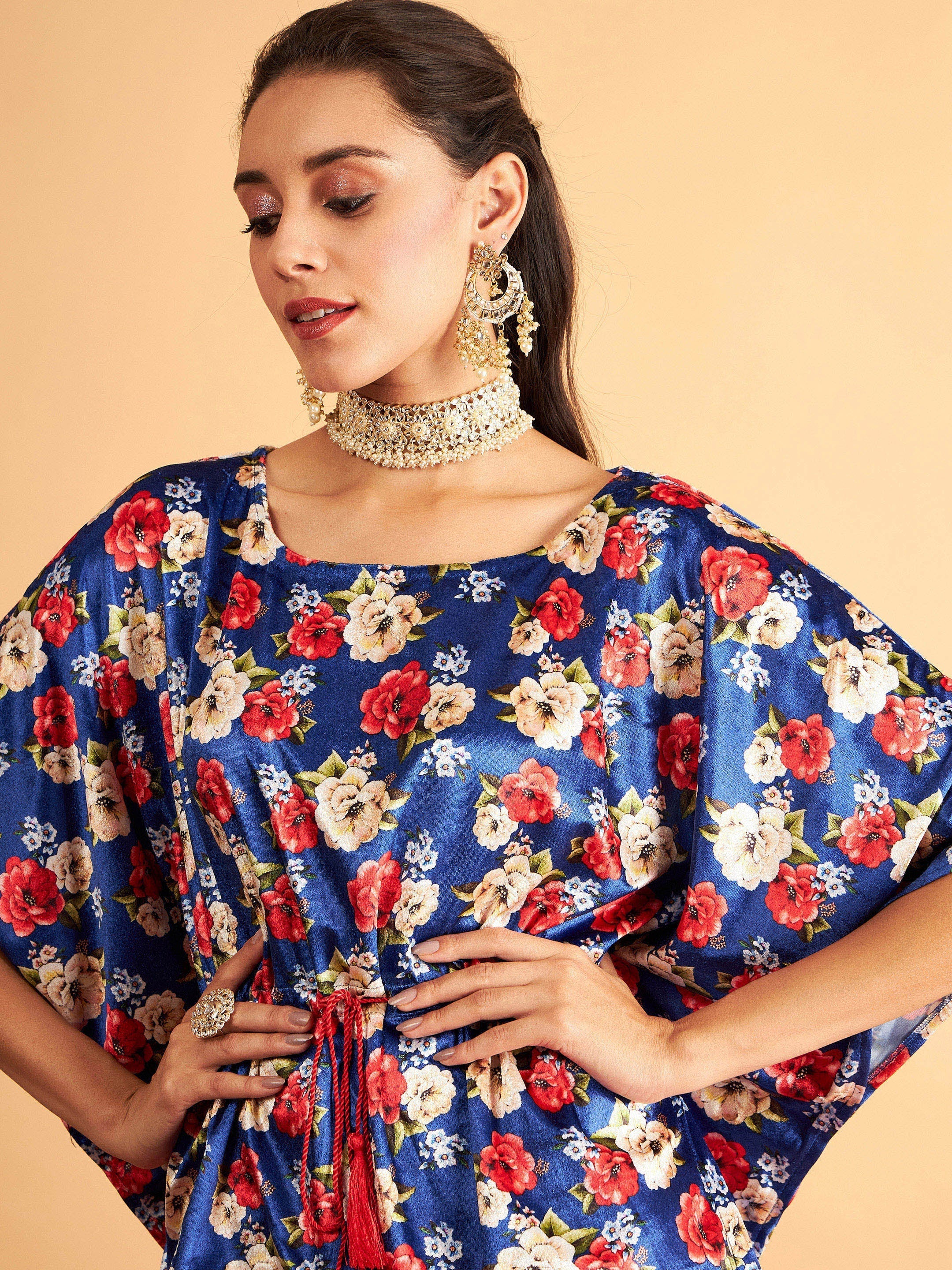 Women Royal Blue Floral Velvet High Low Kaftan Dress
