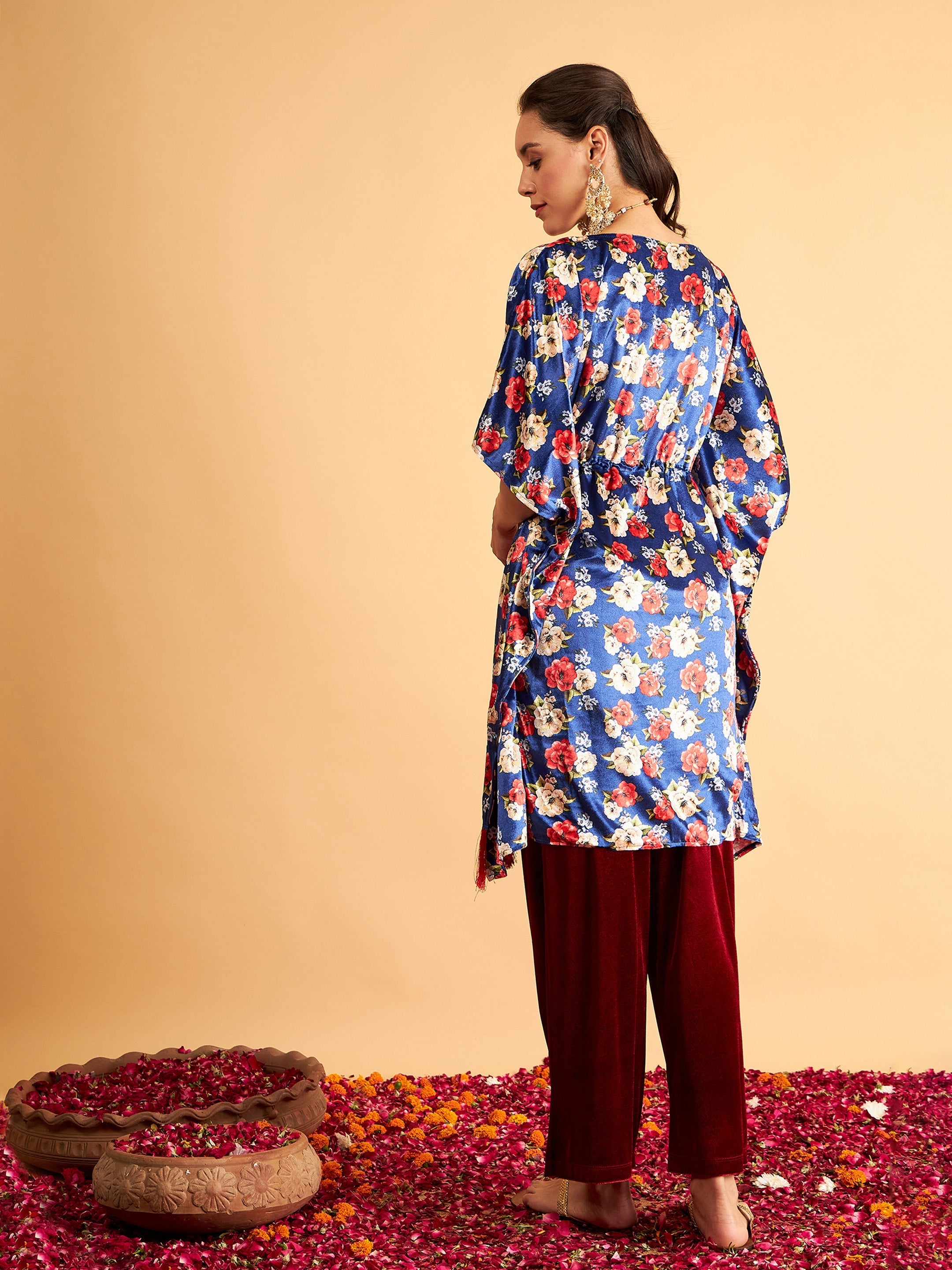 Women Royal Blue Floral Velvet High Low Kaftan Dress