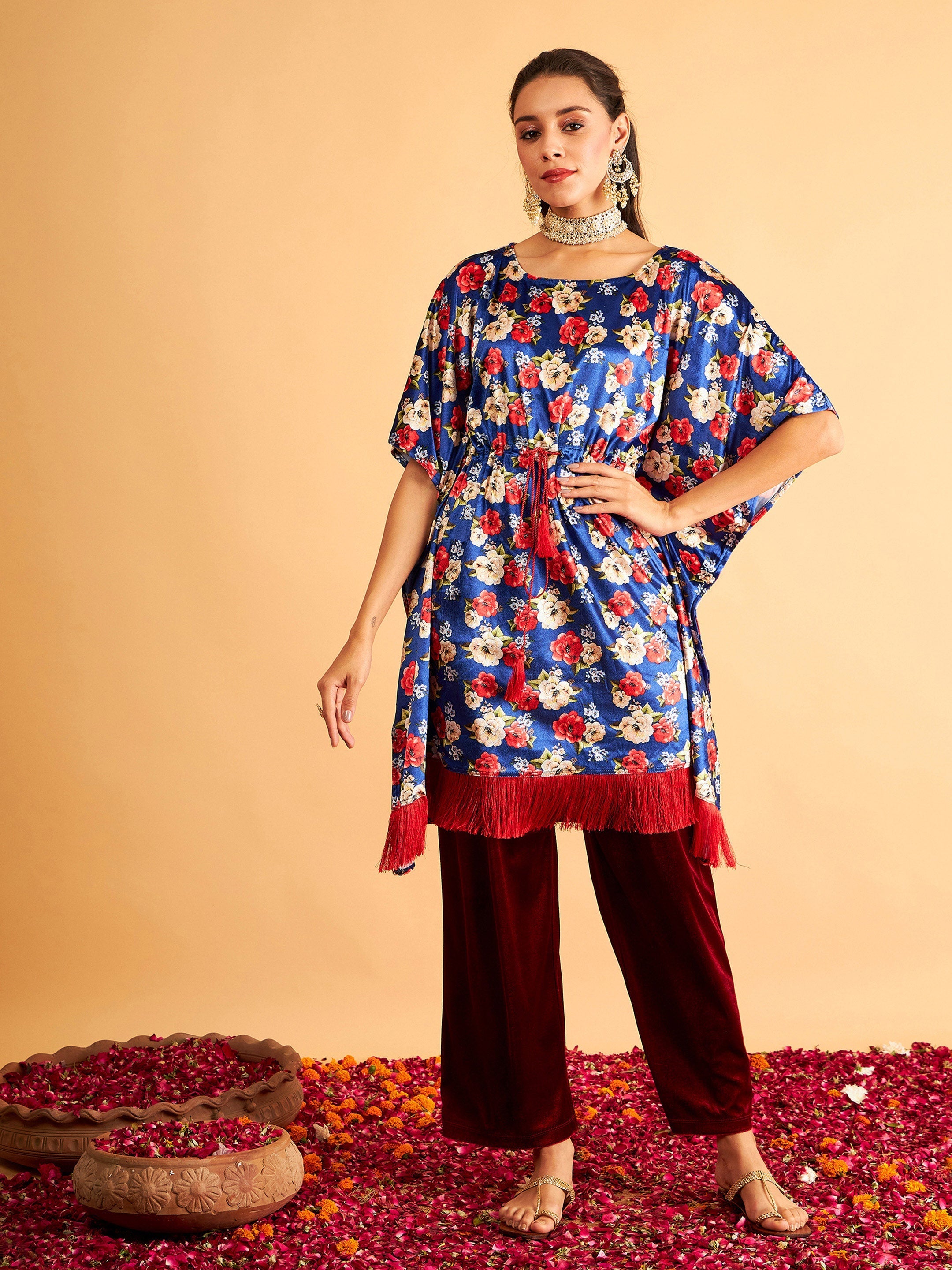 Women Royal Blue Floral Velvet High Low Kaftan Dress