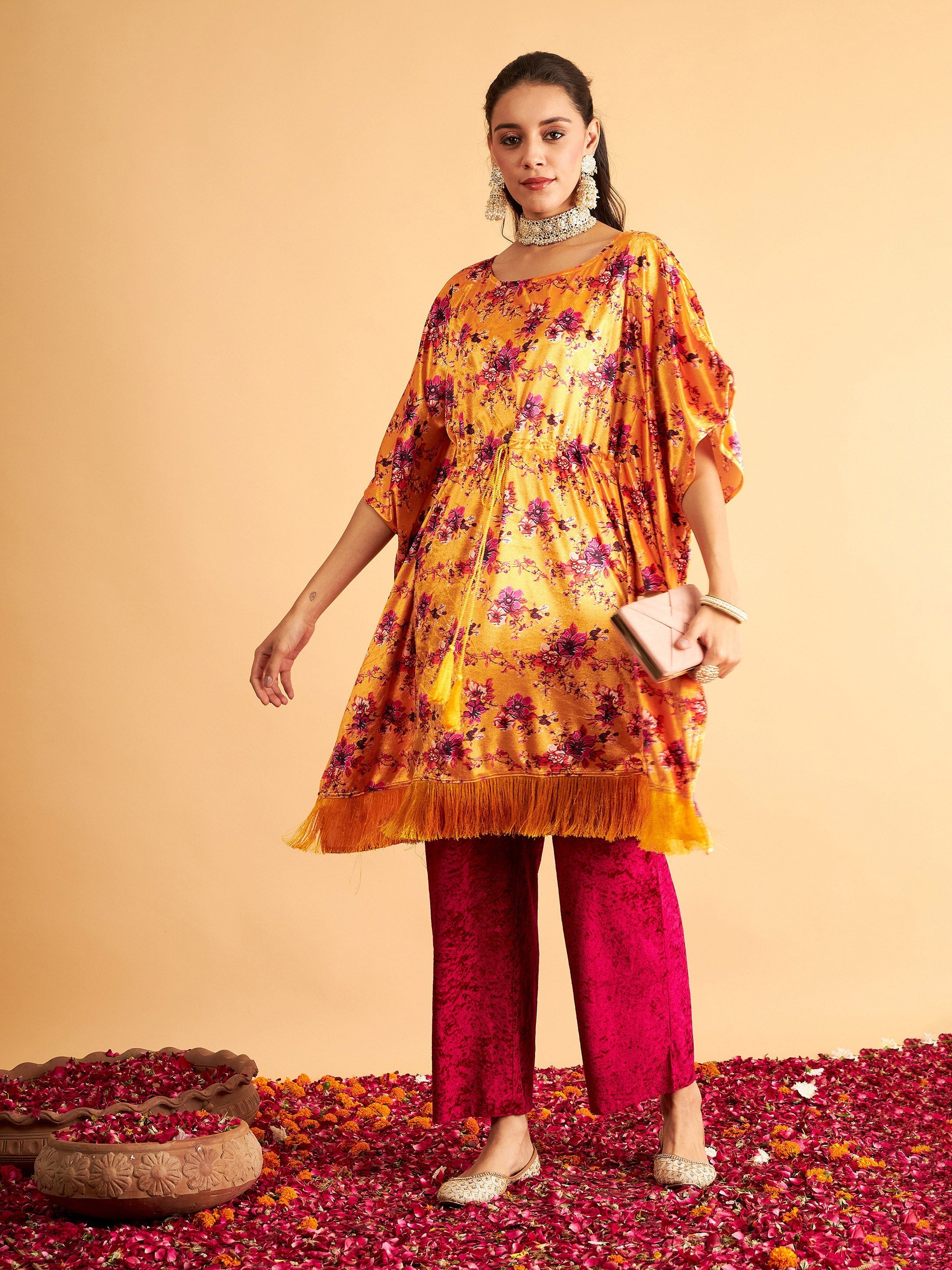 Women Orange Floral Velvet High Low Kaftan Dress