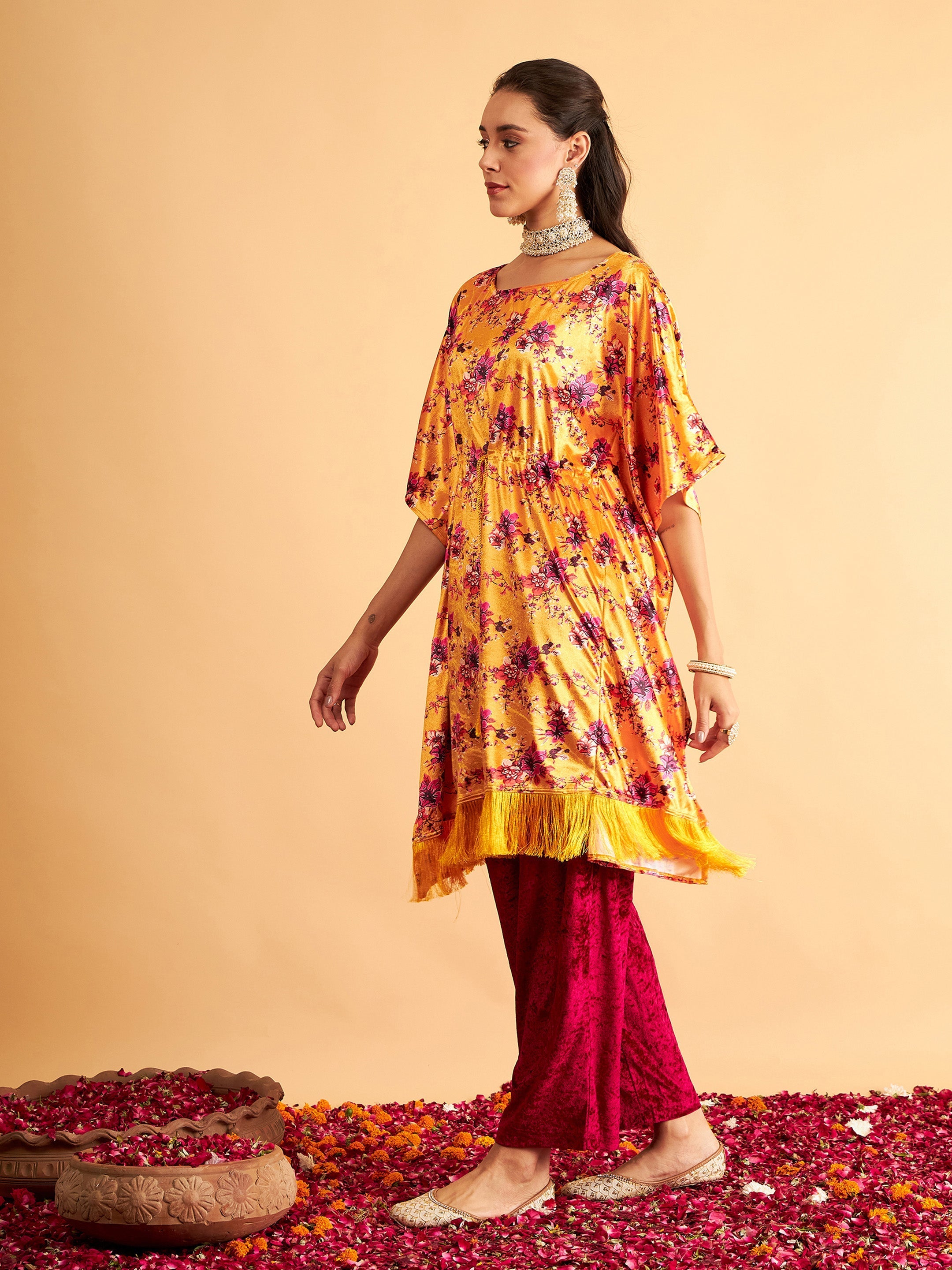 Women Orange Floral Velvet High Low Kaftan Dress